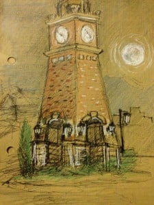 Anser drew this image of the clock tower he depicted in the town of Whitefish.