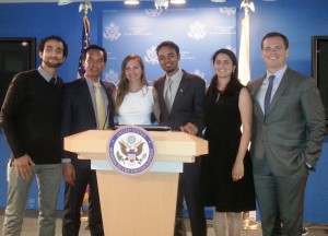 The Fulbright-MTP Participants after a panel at the U.S. Mission to the United Nations in New York City at the end of the 2014 MTP journey. Form left to right, Ammar Mohammed from Yemen; Alyas Widita from Indonesia; Katie Nikolaeva from Russia; Anser Shaukat from Pakistan; Silvia Tijo from Colombia; and Patrick Dowd, Fulbright U.S. Student Program alum and MTP founder.