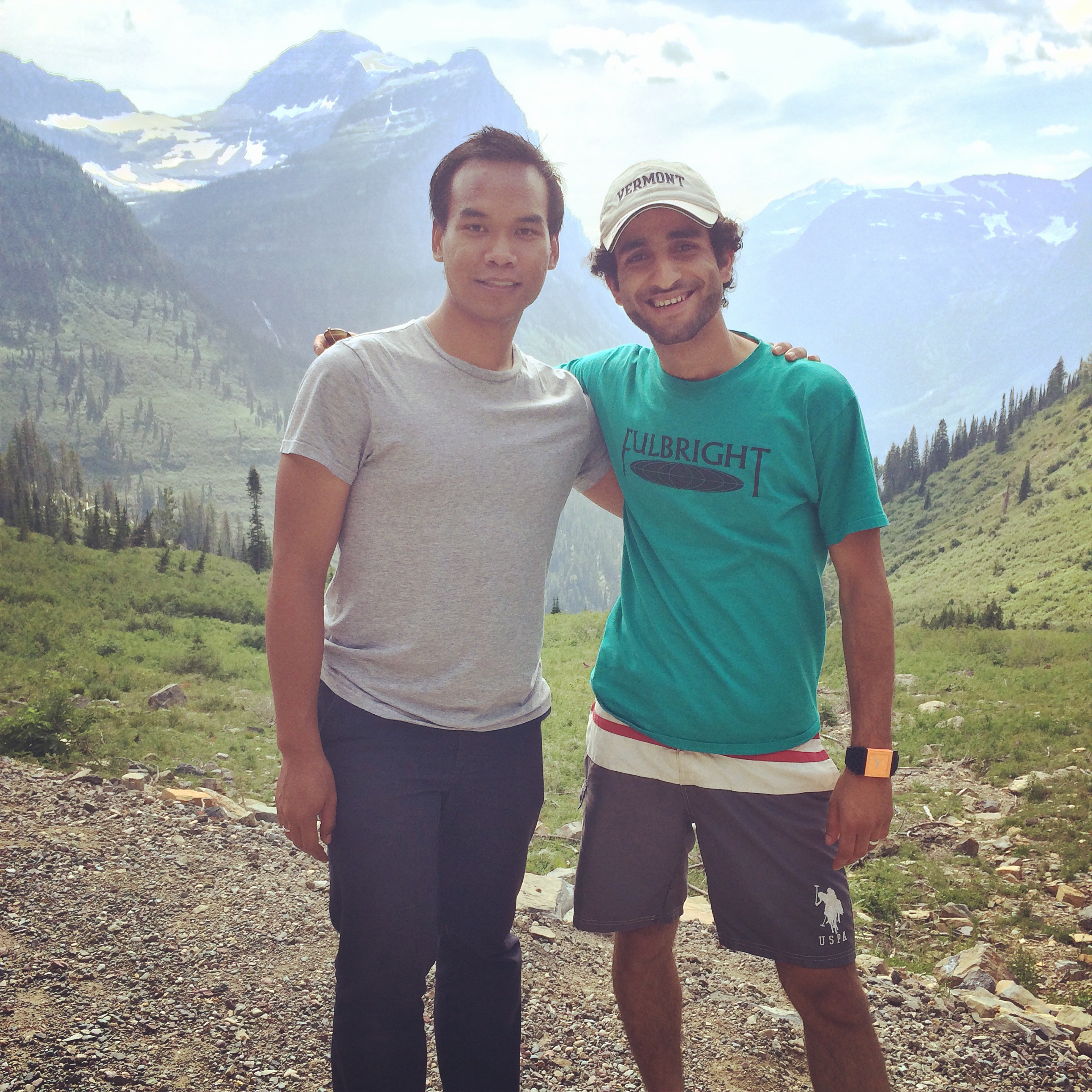 Fulbright Student from Indonesia, Alyas Widita, left, and Fulbright Student from Yemen, Ammar Mohammed, right, in Glacier National Park, Montana.